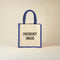 Jute bag with 'Emergency Snacks' text on a beige background - Blue trims
