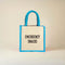 Jute bag with turquoise handle and text 'EMERGENCY SNACKS' on a beige background